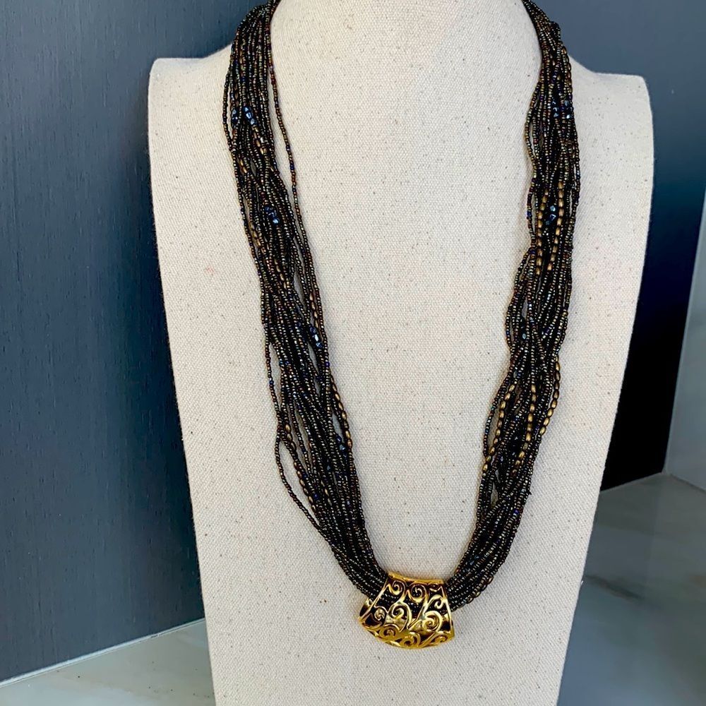 Twisted Czech Glass Seed Bead Necklace with Gold Tone Scroll Pendant